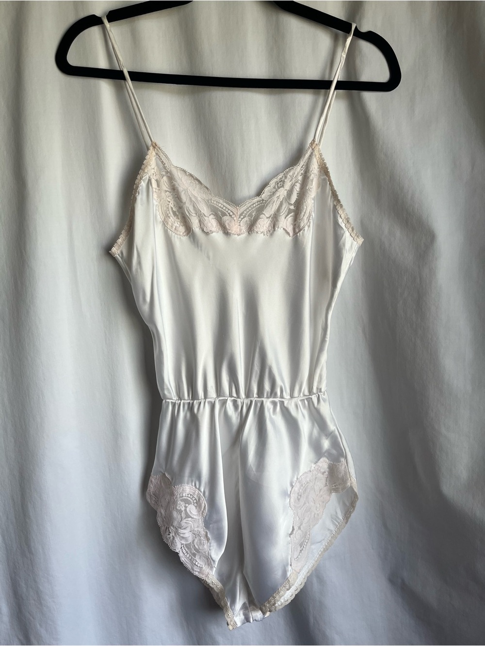 Vintage Ivory Lace-Trim Satin Romper Chemise cottagecore